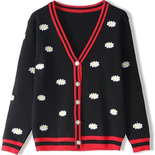 2020 Spring Womens Thin Sweater Ladies Long Sleeve Bee Embroidery Contrast Color Stripes Loose Cardigan Knitted Cotton Sweater