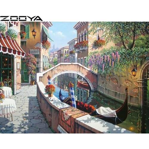 ZOOYA 5d Diamond Painting landscape Diamond Embroidery Street View Boat Full round drill Mosaic sale Painting by numbers R931