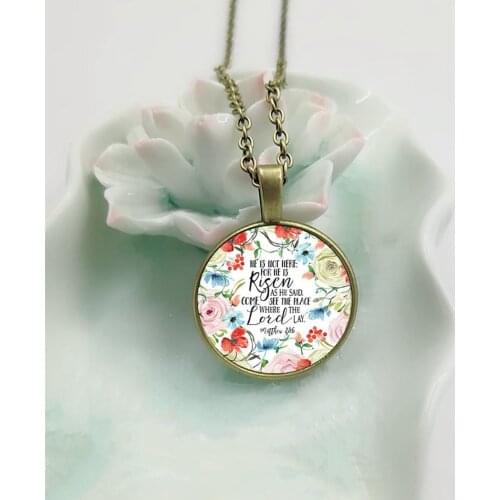 2018New Hes Not Here for He Is Risen Bible Verse Necklace Matthew 28:6 Bible Qupte Floral Glass Cabochon Pendant Necklace Gifts