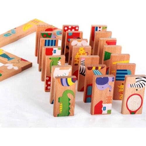 28 PCS Cartoon animal car Domino blocks Wooden classic toys Dominoes Wooden Model Building Blocks Intelligence Toys for children
