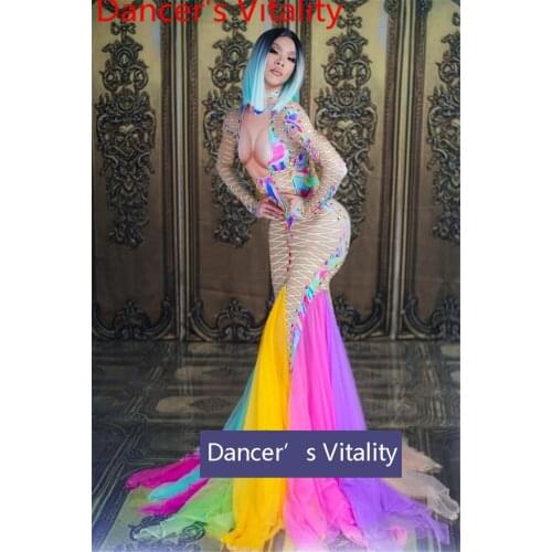Bar Nightclub Model Singer Host Colorful Diamond Elastic Fishtail Dress Adult Stage Wear Women Pole Jazz Performance Costume