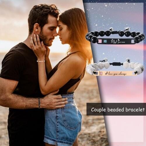 Free Engrave ID Bracelet , Women Beaded Bracelets for Couples, CZ Charm Wristbands Adjustable Love Gifts