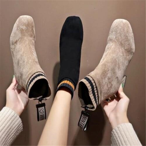 Faux Suede Ankle Boots Women Chunky Heeled Plush Shoe Woman Chic Shoes Lady Brown Chocolate Boot Plus Size 34-43