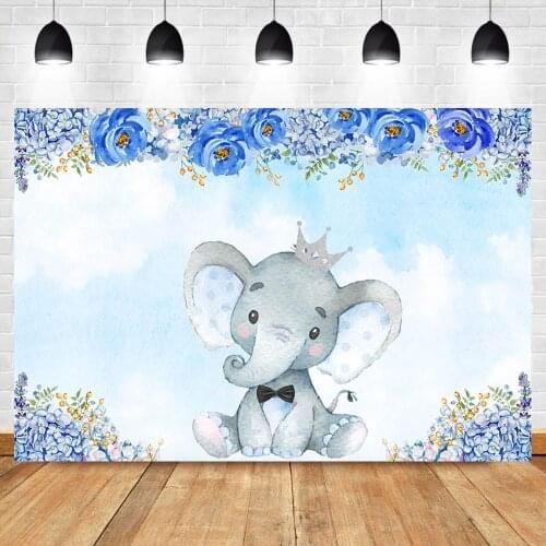 NeoBack Elephant Baby Shower Backdrop Blue Watercolor Flowers Birthday Banner Photo Background Dessert Table Decor Props