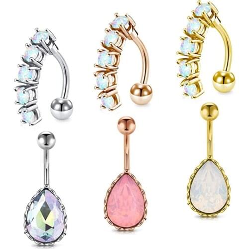 3 PCS 14G Reverse Belly Button Rings Set Stainless Steel Women Navel Rings Graceful CZ or Synthesis Opal Body Piercing Jewelry