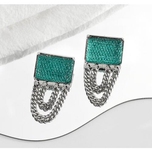 Lifefontier Vintage Green Square Drop Earrings for Women Geometric Resin Silver Color Metal Chain Long Tassel Earrings Jewelry
