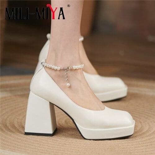 MILI-MIYA Concise Beading Women Pumps Fashion Square Toe Genuine Leather Platforms Thick Heels Pearl Party Dress Shoes Sliver