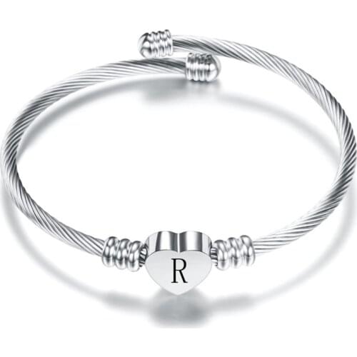 Fashion Heart Charm Bangle With Initial Alphabet Letter Engrave High Quality Women Jewelry Cuff Bangles Wholesale For Party Gift