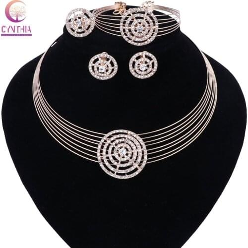 Fashion Women Party Gold Color Crystal Multiple Circle Chain Round Pendant Necklace Earring Bangle Ring Jewelry Set