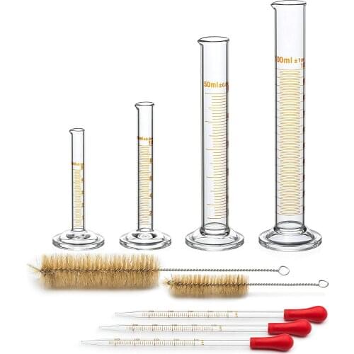 New-4 Measuring Cylinder - 5ml, 10ml, 50ml, 100ml - Premium Glass - Contains 2 Cleaning Brushes + 3 x 1ml Glass Pipettes