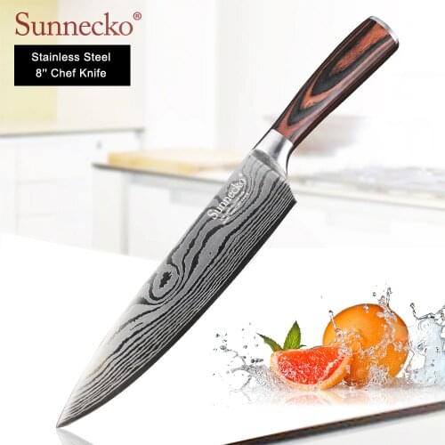 SUNNECKO 8" inches Chef Knife Stainless Steel Sanding Blade Laser Pattern Kitchen Knives Pakka Wood Handle Sharp Cutter Tools