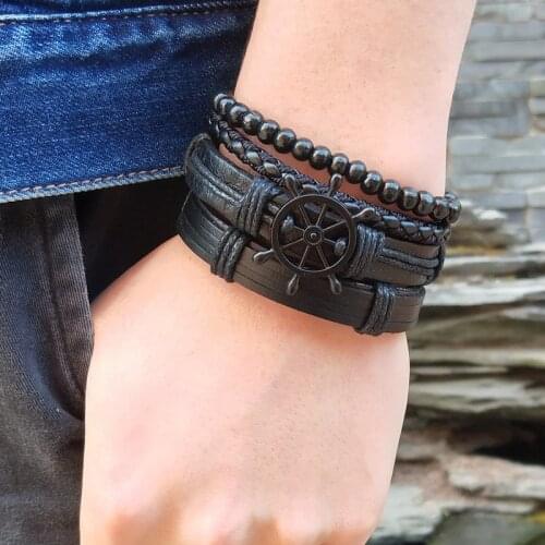 Wholesale Cuff braided Wrap Bracelet & Bangles Men Jewelry Pirate Multilayer Leather Anchor Bracelet Vintage Mens Jewelry