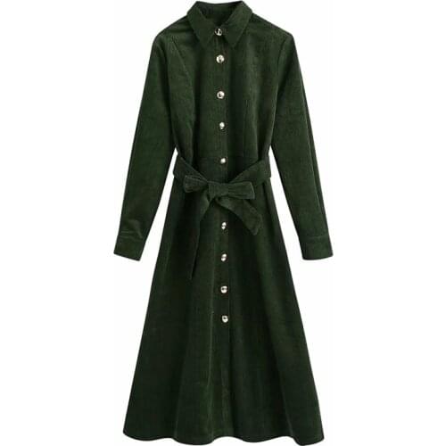 Autumn And Winter 2020 New Womens Temperament Corduroy With Bow Belt Mid Length A-Line Shirt Dress