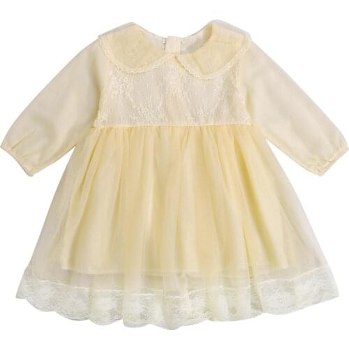 2021 1-5Y Toddler Girls Princess Dress Beige Solid Color Flower Lace Ruffled Collar Long Flared Sleeves Tutu Dress For Party