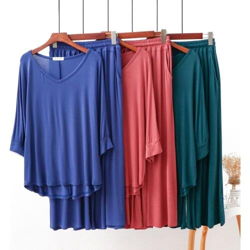 Spring summer pure color pajamas suits cotton modal v-neck bat sleeve T-shirt + wide-legged pants 2 pieces set two-piece outfits