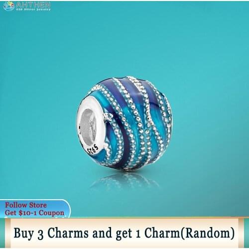 Ahthen 925 Sterling Silver Bead Blue Swirls Charm Mixed Enamel Charms fit Original Pandora Bracelets for Women Jewelry Girl Gift