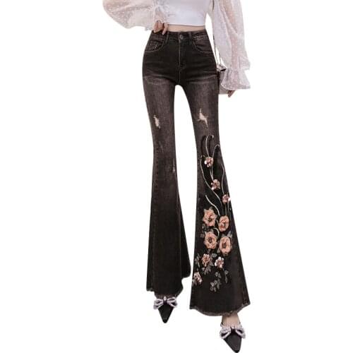 Blue Flare Pants Women 2021 Spring Summer 3D Flower Embroidered Scratched Beading Jeans High Waist Elastic Long Denim Trousers