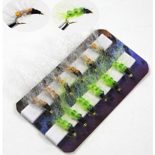 Glass Bead Caddis Larva Pupa Nymph Flies Trout Fishing Lures Size 14 Green & Orange Color