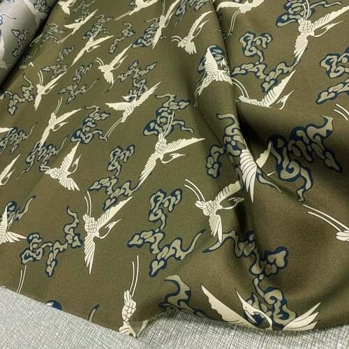1PIECE 0.5*0.75METER Chinese 100% silk Cyan Crane and cloud Satin hanfu kimono cheongsam cloth fabric