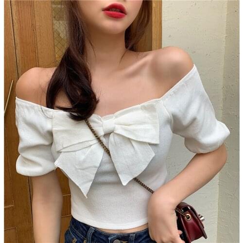Bowknot slash neck cropped T-shirt new female students short sleeve summer thin knit tshirts crop tops for girls