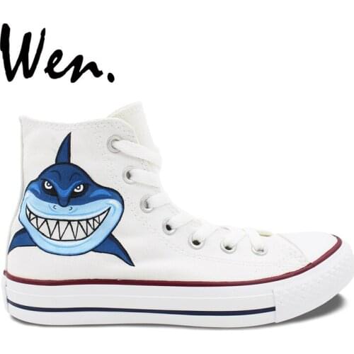 Wen Original Design Custom Hand Painted Shoes Dark Blue Shark Man Womans White High Top Canvas Sneakers