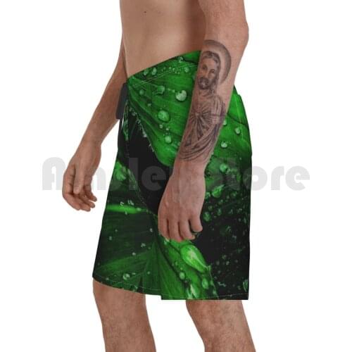 Green Leaves Beach Shorts Men Beach Pants Swimwear Green Green Leaves Leaves Leaf Rain Raindrop Rain Drops In