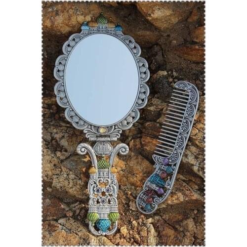 Antique Bronze tin metal castle style portable handle Mirror Creative Birthday Gift Beauty Carry-on makeup Mirror comb set 356B