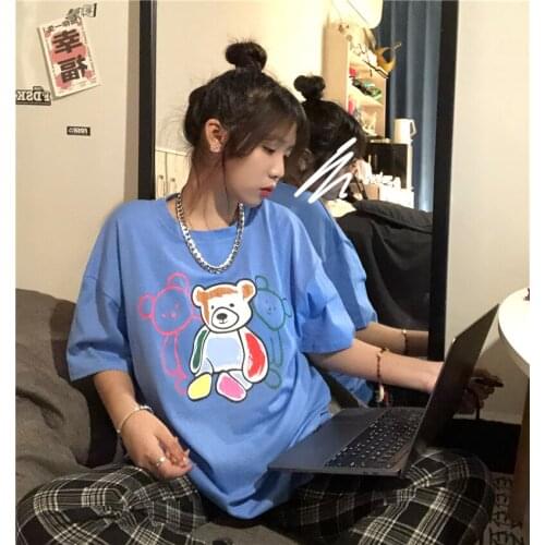 Summer loose hedging bear print short-sleeved T-shirt all-match casual college style jacket women