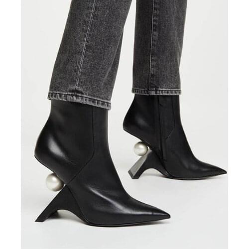 Womens Pointy Toe Genuine Leather A big Pearl Strange Fretwork High Heel Shoes Ankle Boots Black Sliver New 2021