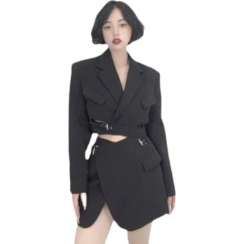 Temperament Vintage Blazers for Women Elegant Long Sleeve Ladies Black Suit Coat Cross Bandage Slim Jacket Autumn Blazer Suits