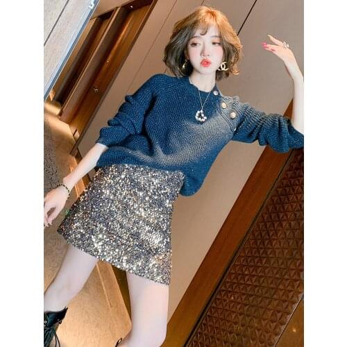 Gold thread mixed embossed button joker knit sweater womens winter new High Quality