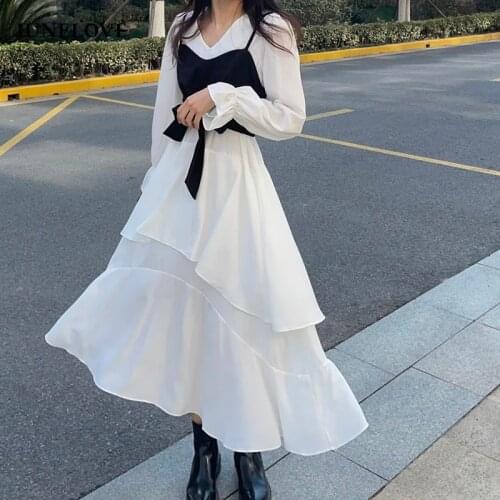 JuneLove Summer Spring Korea Chic High Waist Wrapped Chest Harness Vest Long Sleeve Female Long Dress Casual Two Pieces Sets