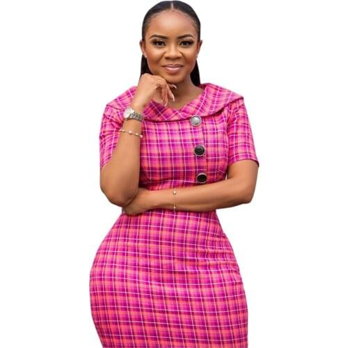 HGTE Plaid Print Dresses Women Vintage Bodycon High Waist Elegant Petter Pan Collar Work Slim Summer Casual Office Dress