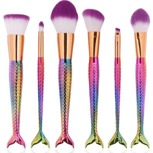 6 Pcs/set Mermaid Makeup Brushes Set Foundation Blending Powder Eyeshadow Blush Cosmetics Magic Fish Make Up Tools Woman Gift