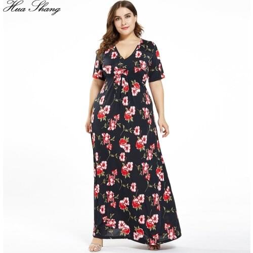 7XL Plus Size Casual Dress Women Summer V Neck Short Sleeve Floral Print Boho Beach Dress Black Ladies Maxi Long Dress