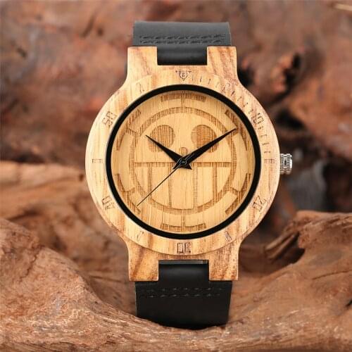 Classic Japanese Anime One Piece Carving Wood Watch for Men Women Steampunk Cool Genuine Leather Wristwatches Man Clock reloj