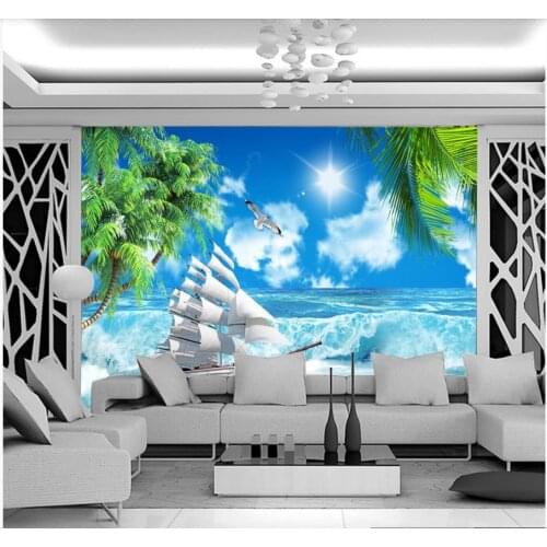 Custom murals wallpaper for walls 3 d murals Blue sky and white clouds seascape tree mural TV background wall papers home decor
