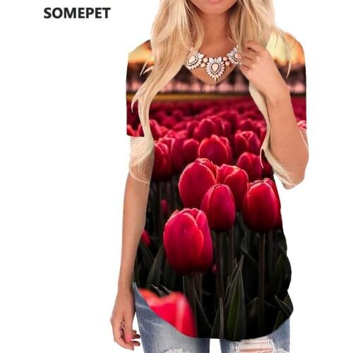 SOMEPET Tulip T Shirt Women Flowers V-neck Tshirt Red Shirt Print Womens Clothing Summer Cool Plus Size High Quality