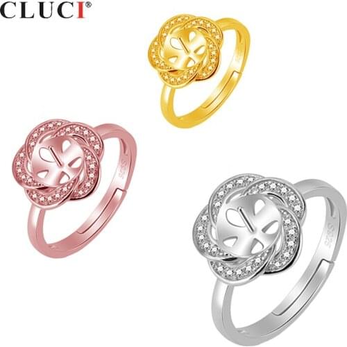 CLUCI Silver 925 Rose Gold Flower Women Ring Adjustable Zircon Pearl Ring Mounting 925 Sterling Silver Flower Ring SR2098SB