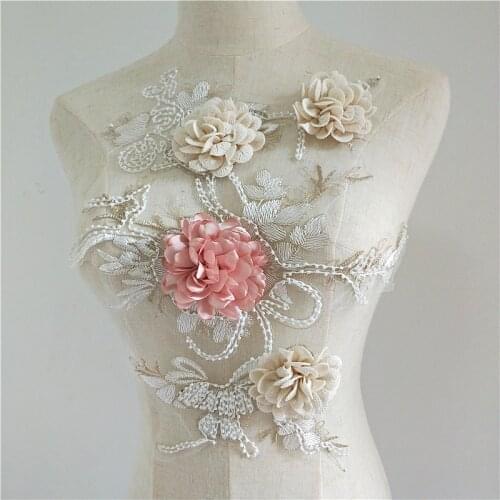 1-2Pieces New Lace Applique 3D Beaded Stereo Flower DIY Sweater Fur Denim Skirt Pants Childrens Dress, Flower Decoration RS1827