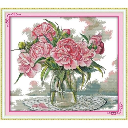 Joy Sunday Peony Cross Stitch Kits Embroidery Needlework Sets DMC 11&14CT Count Printed Canvas Cross Stitch Fabric Needle Crafts