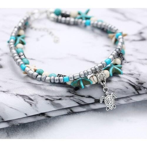 Boho Style Double Layes Beaded Turtle Starfish Anklet Foot Chain Beach Anklet Beaded Anklet Nautical Body Jewelry for Women