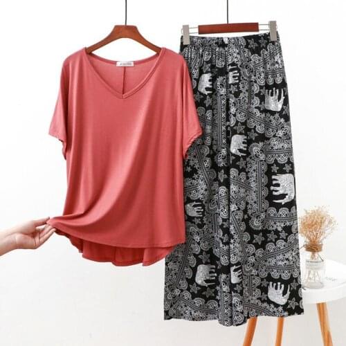 Mom Pajamas Set Short Sleeve T-shirt Long Pants 2Piece/Set Summer Pyjama Big Size Homewear Cozy Plus Cotton Cartoon Sleepwear