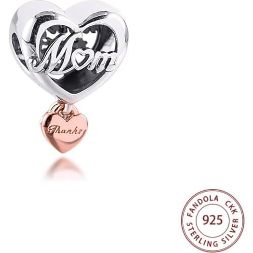 2021 Mothers Day Fits Pandora Bracelet 925 Sterling Silver Thank You Mum Heart Charms Beads DIY Jewelry Making Gift Wholesale