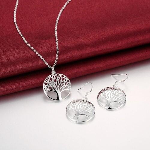 Wisdom Necklace Earrings N925 Silver color Life Tree Pendant Necklace Earrings Jewelry Set