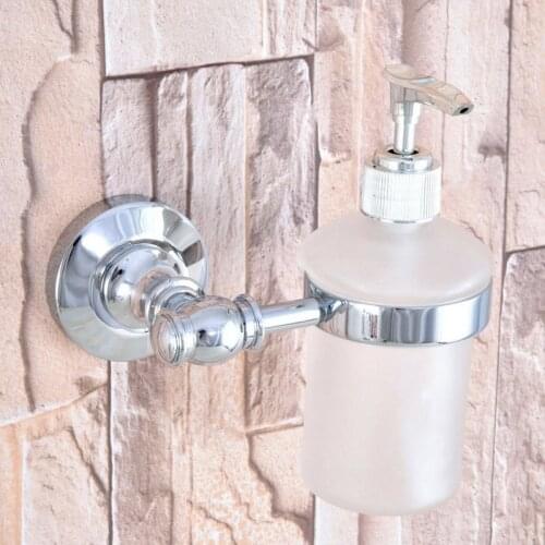 Polished Chrome Brass Wall Mounted Kitchen Bathroom Sink Basin Accessory Glass Soap Dispenser aba788