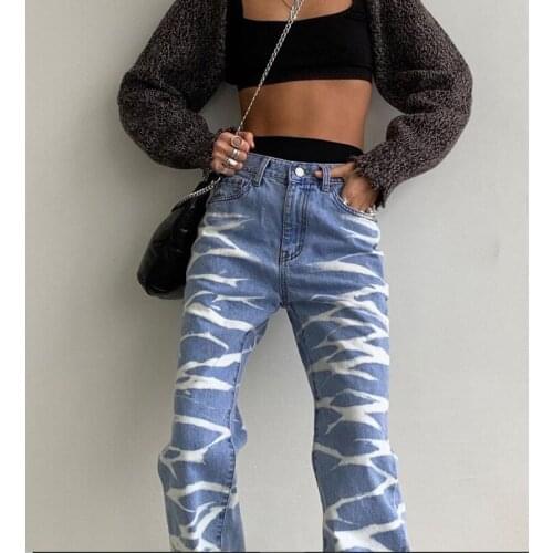 Tie Dye Print Straight Jeans Women Casual Loose High Waist Wide Leg Jeans Women Blue Denim Pants Streetwear Pantalones