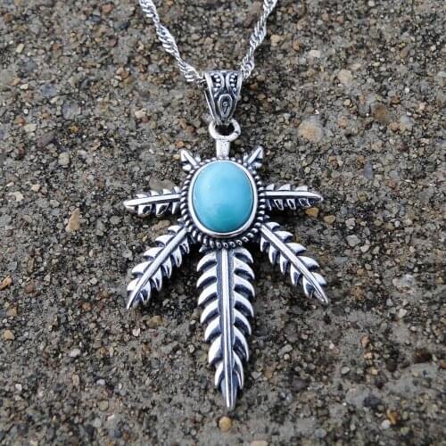 S925 Sterling Silver Natural Larimar Antique Leaf Pendant For Women Jewelry