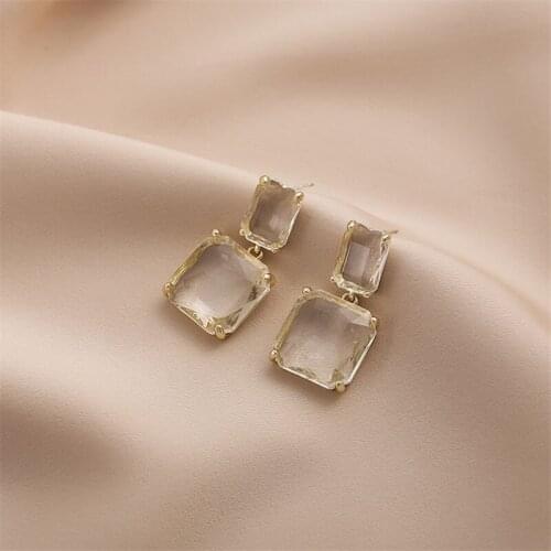 Bohemia Style Geometric Square Crystal Stud Earrings Vintage Hyperbole Joker Long Glass Women Wedding Party Accessories