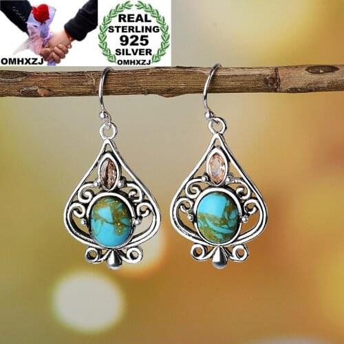 OMHXZJ Wholesale European Fashion Woman Party Birthday Wedding Gift Vintage Water Drop Turquoise Tai Silver Drop Earrings EA495